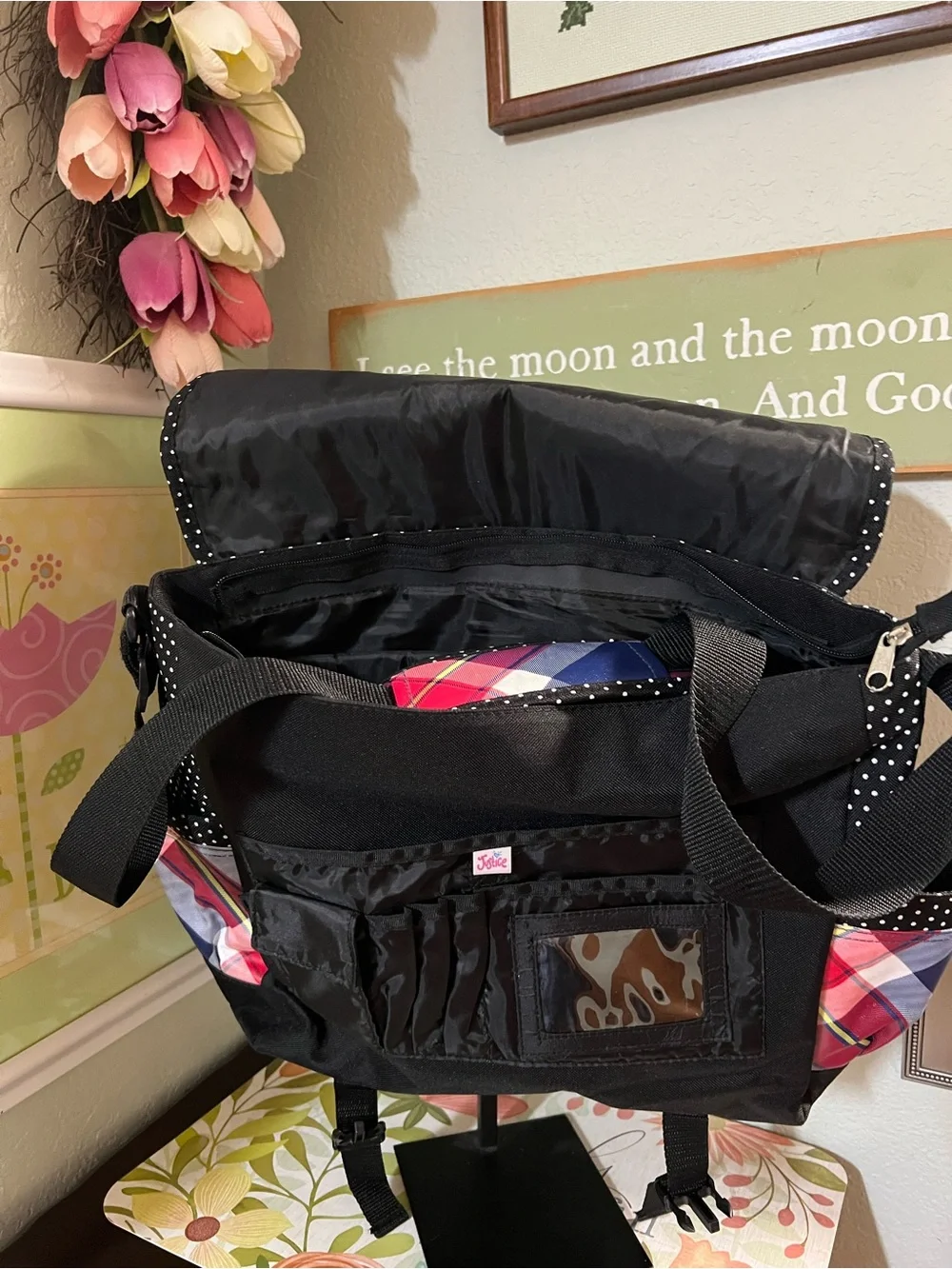 Justice Pink Navy Plaid Laptop Messenger Bag with Star Stud & Union Jack